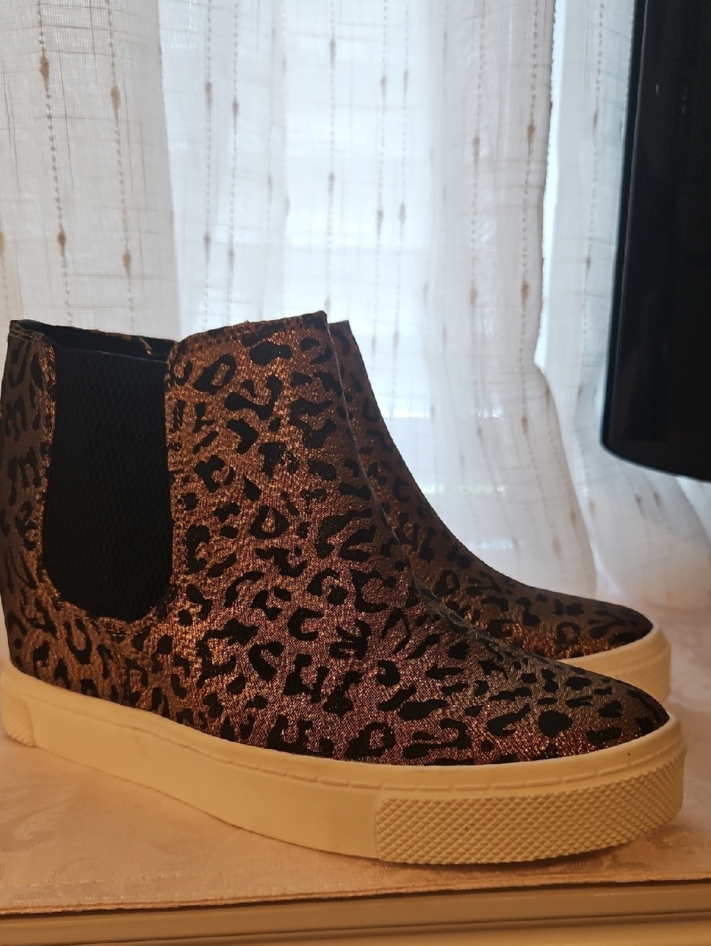 Gianni Bini Leopard Print Slip-On Booties in Metallic Brown & Black